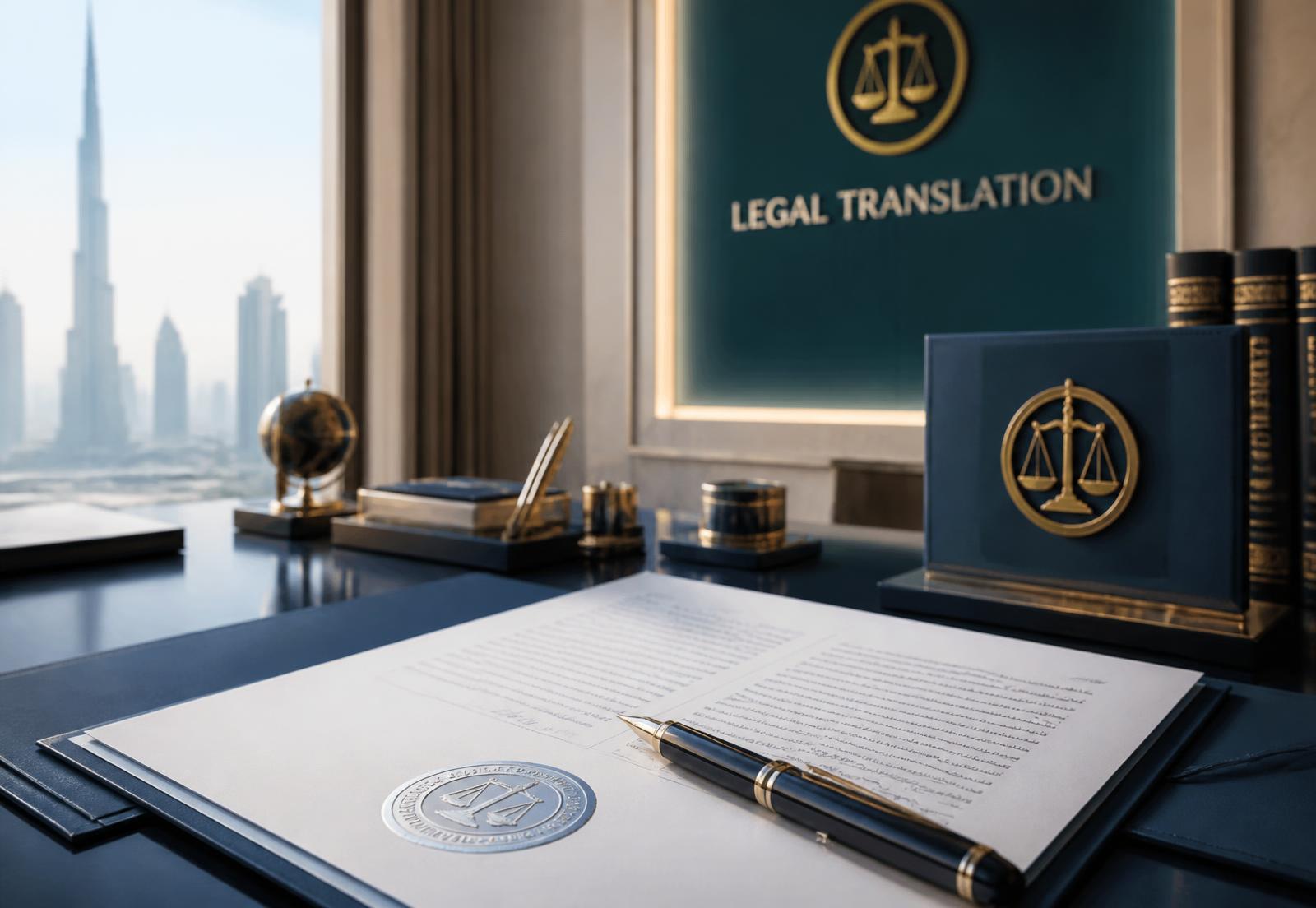 Certified bilingual legal document with official stamp in a Dubai law office